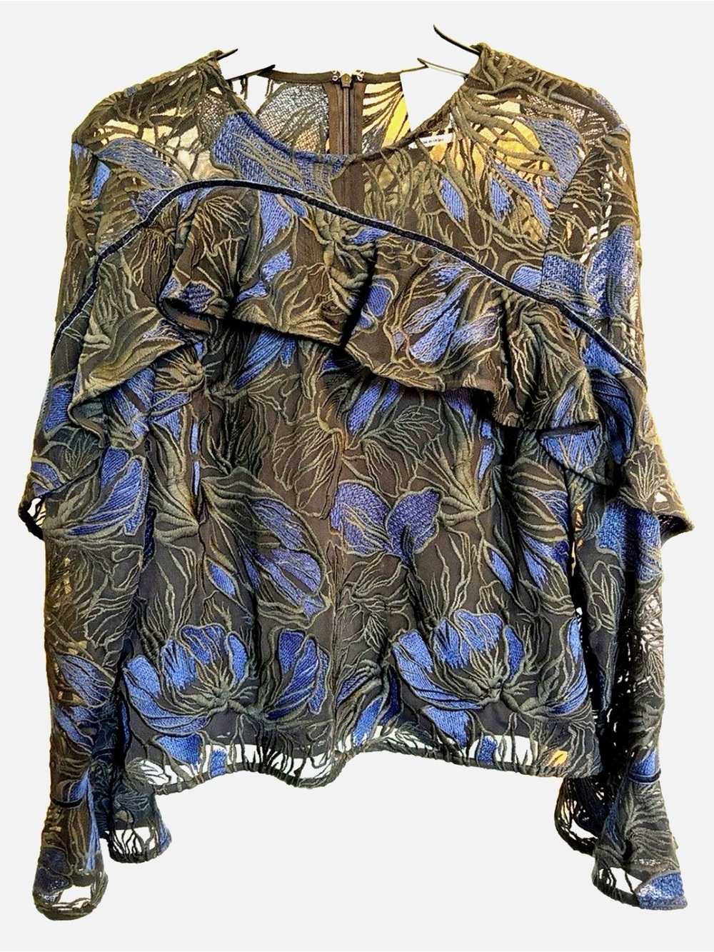 Prose & Poetry Floral Embroidered Mesh Blouse S Sheer Ruffle Boho